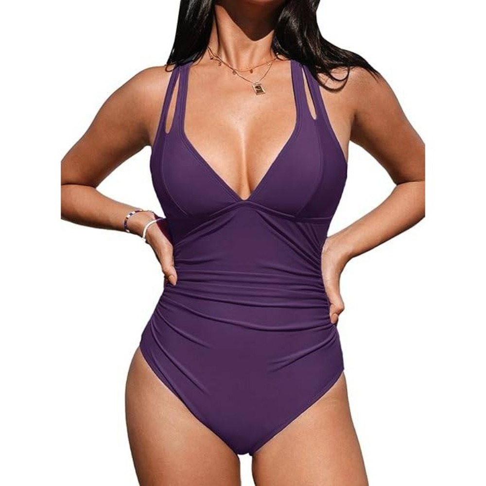 Cupshe Womens Purple V Neck‎ Ruched Tummy Control One Piece Swimsuit XL
